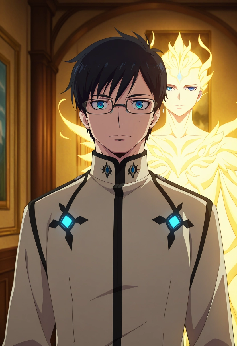 masterpiece, best quality, , anime screencap, , official style, looking at viewer, 1boy, solo, male focus, <lora:yukio_okumura_ilxl:0.94>, yukio_okumura, black hair, blue eyes, mole, mole under eye, glasses, black-framed eyewear, art gallery, sleek walls, radiant paintings, glowing sculptures, admiring pose, inspired expression, soft lighting,