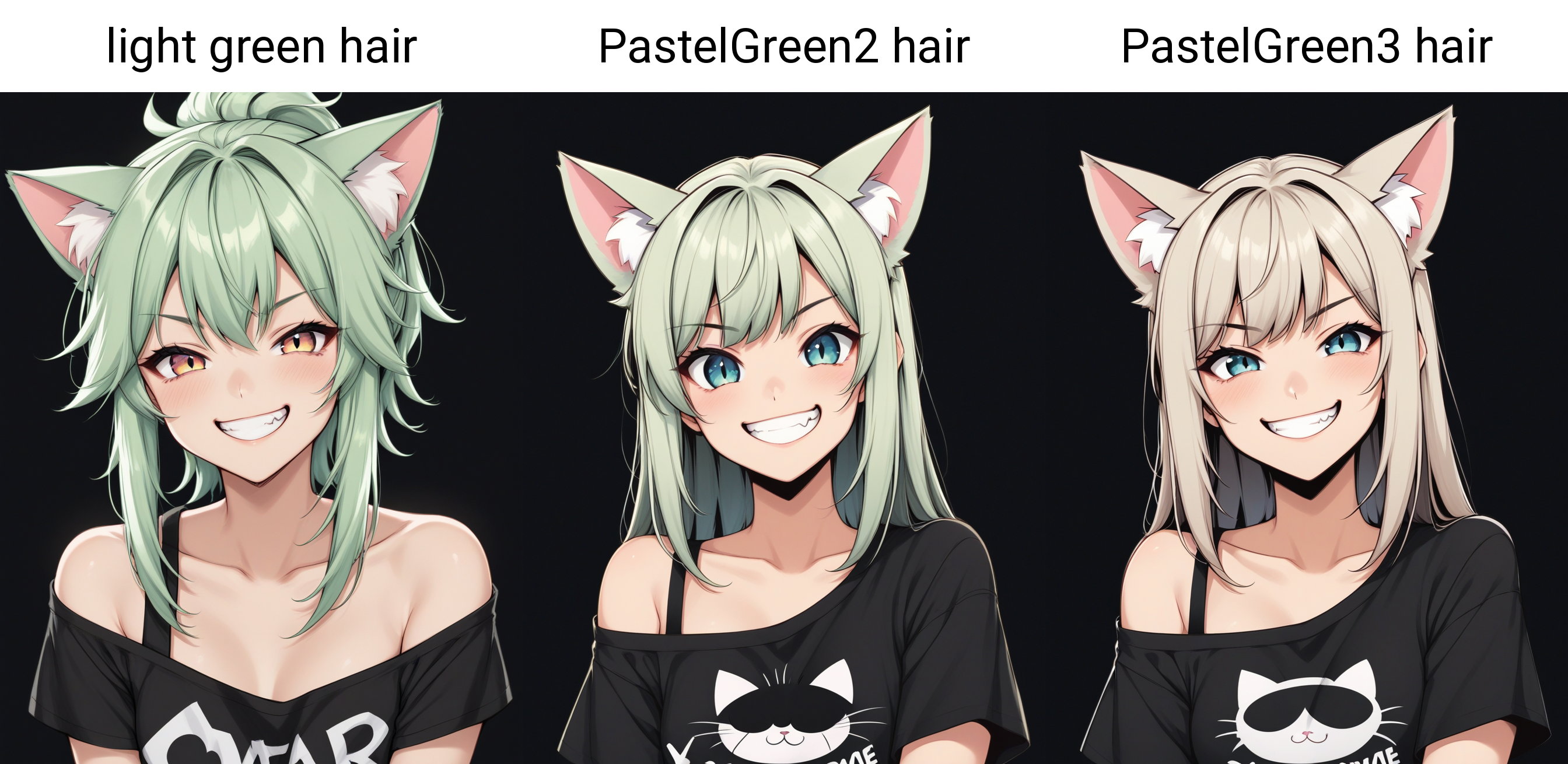 1girl, cute, cat ears, toothy grin, t-shirt, off-shoulder, light green hair, black background