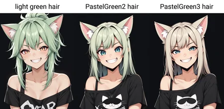1girl, cute, cat ears, toothy grin, t-shirt, off-shoulder, light green hair, black background