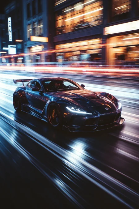 A futuristic sports car SPEEDING down a modern city street at night,with a wide-angle view of the sleek,black vehicle's chrome accents reflecting off the wet pavement,while the driver's face is bathed in the warm glow of the dashboard,set against a moody,nighttime urban backdrop with deep blues and purples dominating the color palette,showcased in a visual novel style with a selective focus on the car's sharp lines and curves,enhanced with extremely rich,cinematic detail.,<lora:Midjourney_Whisper_Chromaplex_Velvet_Myst_v01:0.5>,velvet_myst,<lora:Dont_Stop_Me_Now:0.8>,<lora:Dark_Gray_Photography:0.3>,d0ntst0pm3n0w,