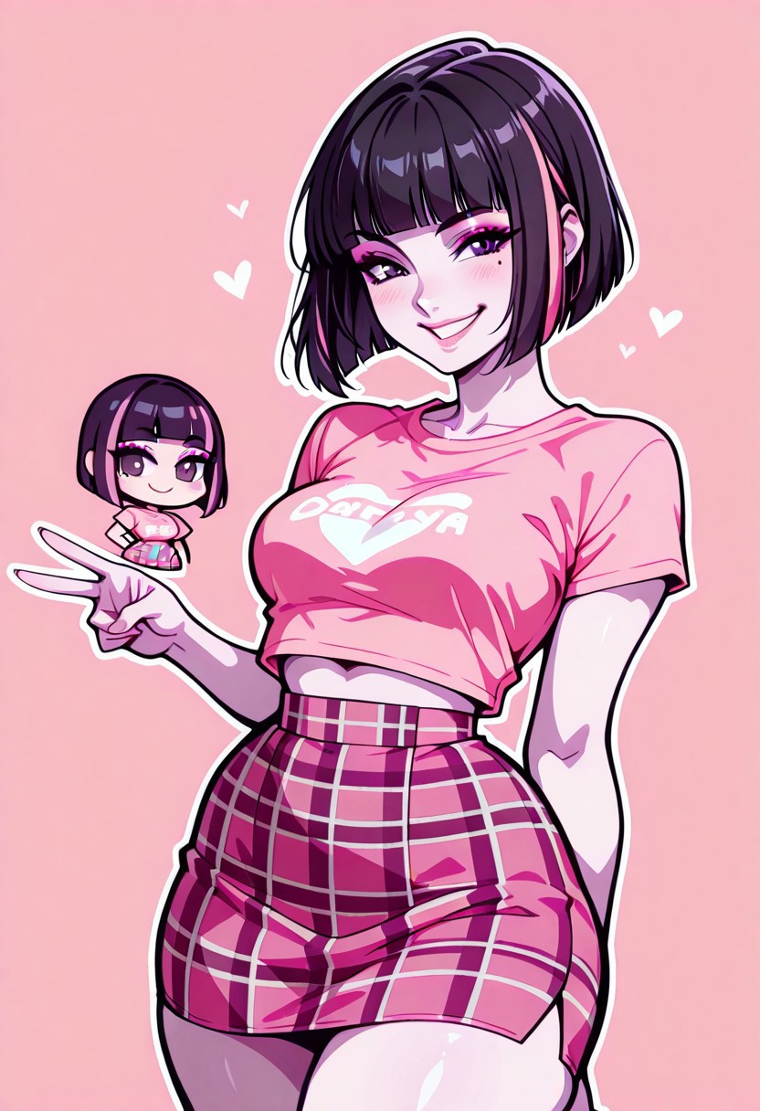 masterpiece, best quality, 32k, high resolution, absurdres, chibi, vector art, super deformed, cute, 1girl,Sarah, SarahRH, short black hair, bob cut, straight hair, blunt bangs, dyed bangs (pink), (pink) streaked hair, dark eyes, cute face, beautiful lips, medium breasts, curvy, large hips, pale skin, mole under her eye, moles on her body, makeup, pink t-shirt, cropped t-shirt, tartan pink skirt, smiling, v-gesture, Pink-black background, illustration