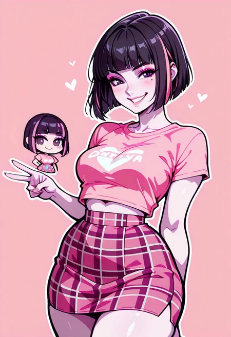 masterpiece, best quality, 32k, high resolution, absurdres, chibi, vector art, super deformed, cute, 1girl,Sarah, SarahRH, short black hair, bob cut, straight hair, blunt bangs, dyed bangs (pink), (pink) streaked hair, dark eyes, cute face, beautiful lips, medium breasts, curvy, large hips, pale skin, mole under her eye, moles on her body, makeup, pink t-shirt, cropped t-shirt, tartan pink skirt, smiling, v-gesture, Pink-black background, illustration