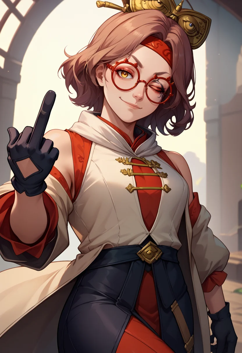 score_9, score_8_up, score_7_up, IncrsMelina, scar across eye, facial tattoo, one eye closed, brown hair, medium hair, yellow eyes, <lora:Melina_pdxl_Incrs_v2:1>, looking at viewer, smirk, <lora:purah-pdxl-nvwls-v1:0.8>, hair ornament, red headband, red glasses, sleeveless shirt, white coat, black skirt, red leggings, gloves, cowboy shot, middle finger,