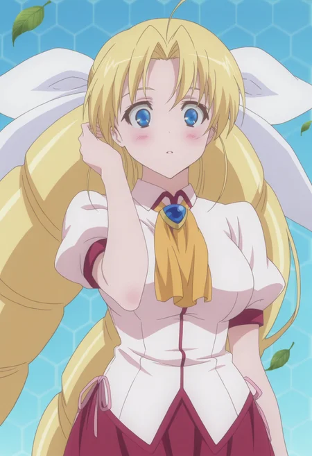 anime screencap, anime coloring, <lora:DX888Sernia:1> sernia iori flameheart, blue eyes, blonde hair,very long hair, twin drills BREAK simple background, blue background, (honeycomb background:1.2), BREAK hair ribbon, ascot, brooch, school uniform, white shirt, puffy sleeves, short sleeves, red skirt, BREAK 1girl, blush, falling leaves, hand in own hair, leaf, parted lips, solo, upper body, wide-eyed, wind, floating hair,