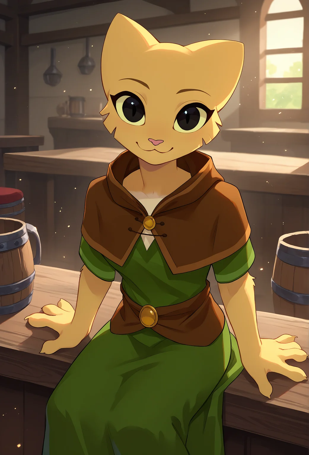 score_9, score_8_up, score_7_up, score_6_up, score_5_up, score_4_up, indoors, tavern, light particles BREAK
<lora:katia_managan_ponyXL_v1.2:1> 1girl, solo, katia managan, furry, cat girl, looking at viewer, sitting, brown capelet, green tunic, black eyes, solid circle pupils, smile