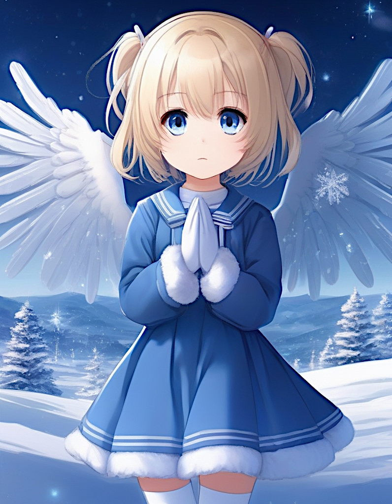short twintails, blonde, 1girl, blue /santa dress/, blue longsleeve dress, zettai ryouki, blue thighhighs, mittens, angel wings, praying, snowflakes, chibi bishoujo, snowy landscape, sparkling snowflakes, snowy twilight sky, pretty blue eyes