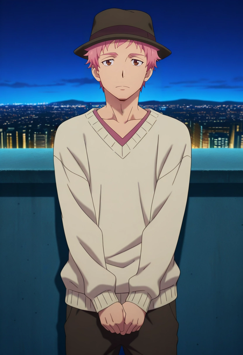 masterpiece, best quality, , anime screencap, , , looking at viewer, 1boy, solo, male focus, <lora:renzou_shima_ilxl:0.94>, renzou_shima, pink hair, brown eyes, short hair, rule of thirds, city, city lights, dawn, v arms, distracted, aloof, oblivious, Tailored sweatpants, V-neck sweater, , Fedora, and