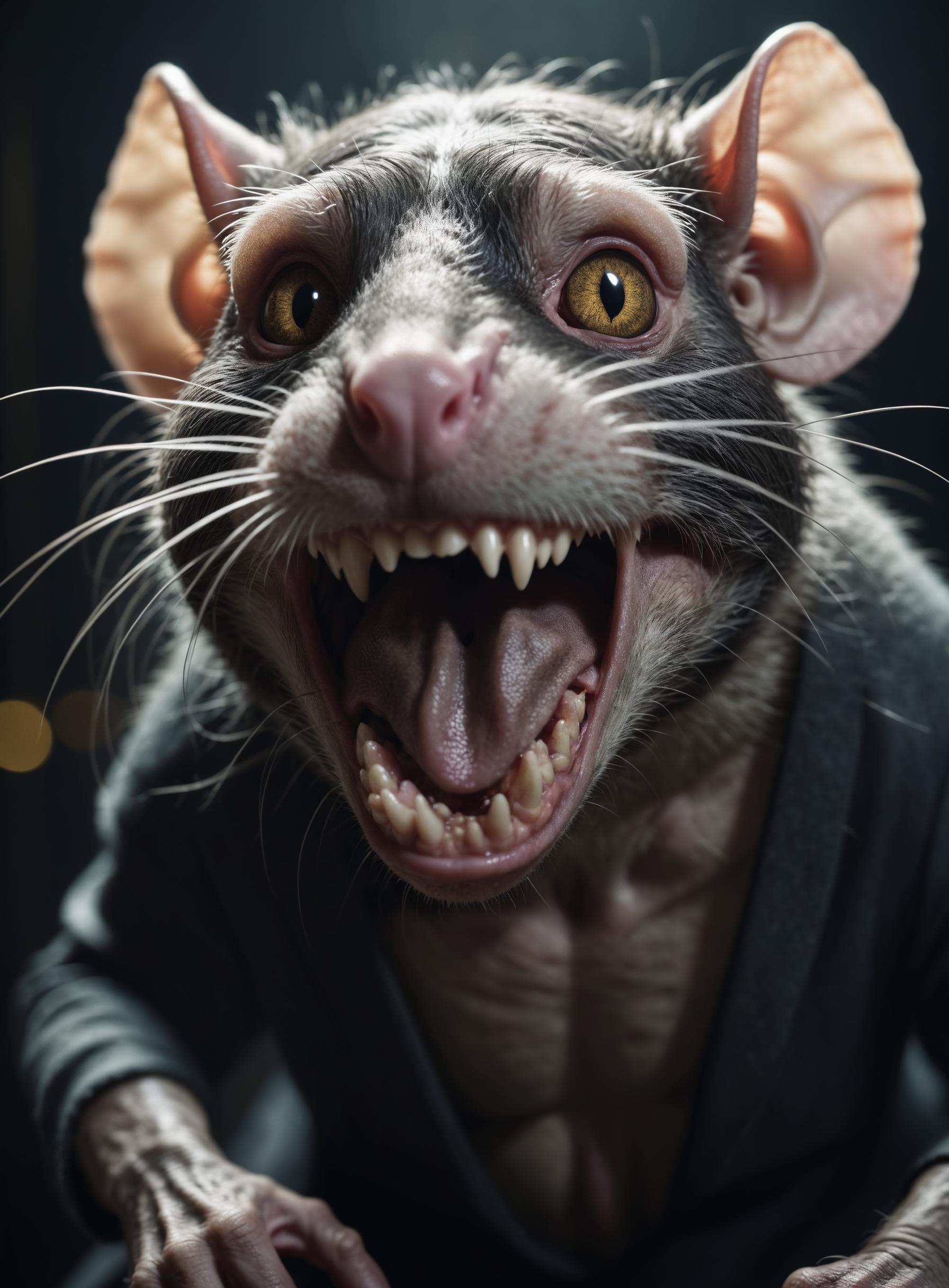 cinematic film still, a rat demon, wrathful eyes, sharp teeth, dark atmosphere, shallow depth of field, vignette, highly detailed, high budget, bokeh, cinemascope, moody, epic, gorgeous, film grain, grainy