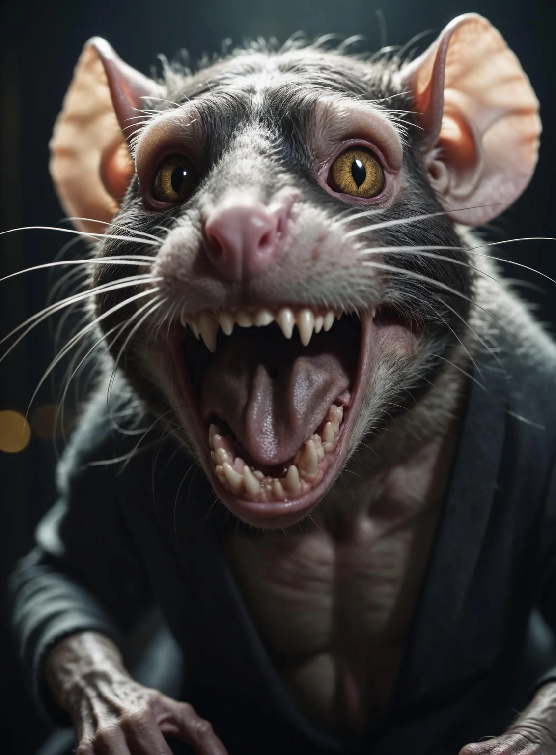 cinematic film still, a rat demon, wrathful eyes, sharp teeth, dark atmosphere, shallow depth of field, vignette, highly detailed, high budget, bokeh, cinemascope, moody, epic, gorgeous, film grain, grainy