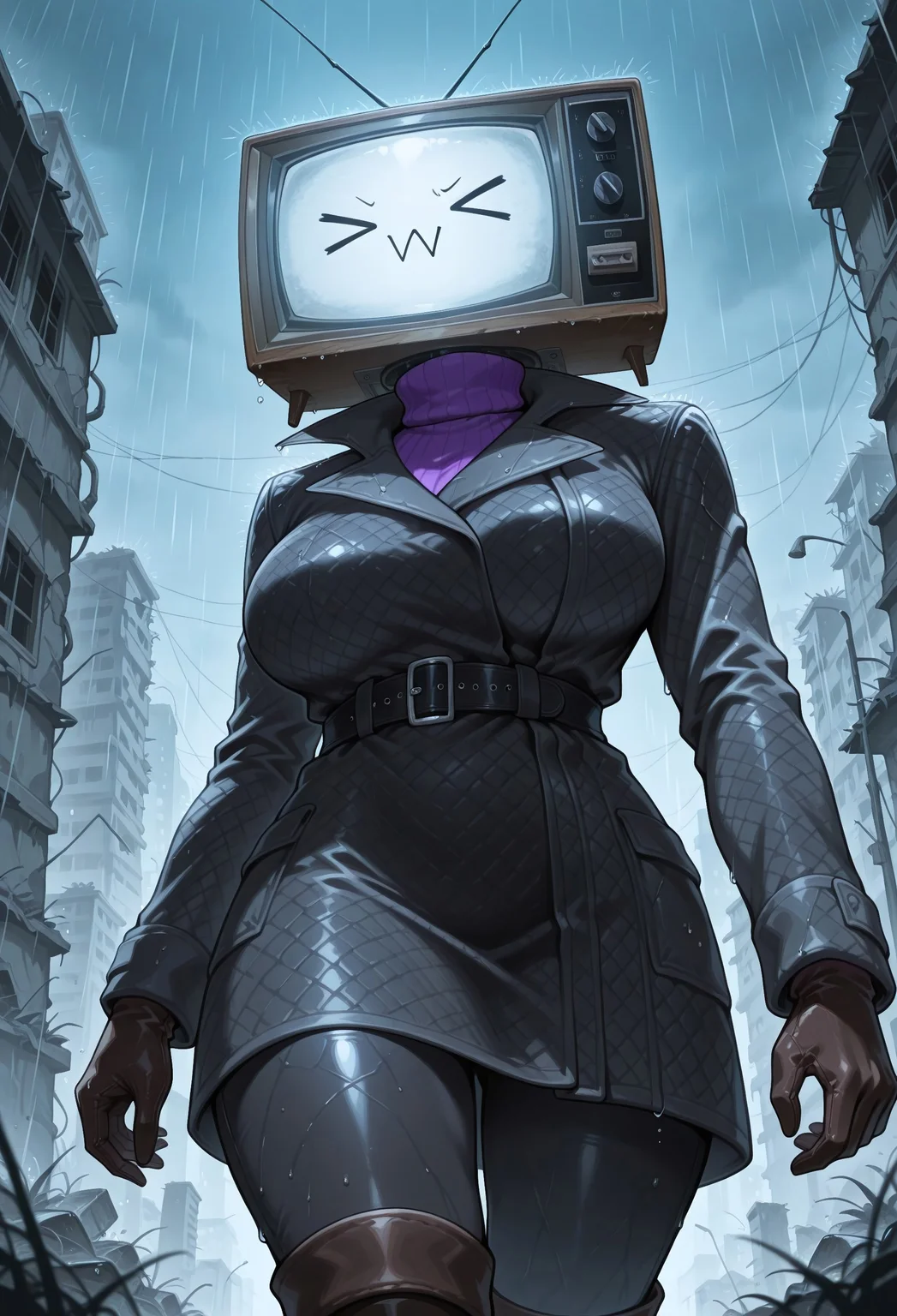 masterpiece, best quality, amazing quality, absurdres, 

tv_w0man,1girl, solo, object head, dial television, crt, television, rabbit ears antenn, large breasts, black coat, trench coat, long sleeves, purple sweater, turtleneck sweater, black gloves, belt, black belt, leather gloves, black pants, tight pants, black boots, knee boots, leather boots,

>_<, walking, vanishing point, ruins, vietnam war, rain, night, cowboy shot, looking away, :| , from below,