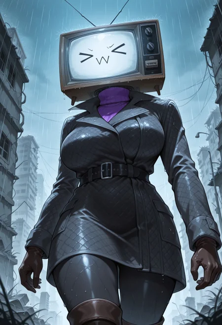 masterpiece, best quality, amazing quality, absurdres, 

tv_w0man,1girl, solo, object head, dial television, crt, television, rabbit ears antenn, large breasts, black coat, trench coat, long sleeves, purple sweater, turtleneck sweater, black gloves, belt, black belt, leather gloves, black pants, tight pants, black boots, knee boots, leather boots,

>_<, walking, vanishing point, ruins, vietnam war, rain, night, cowboy shot, looking away, :| , from below,