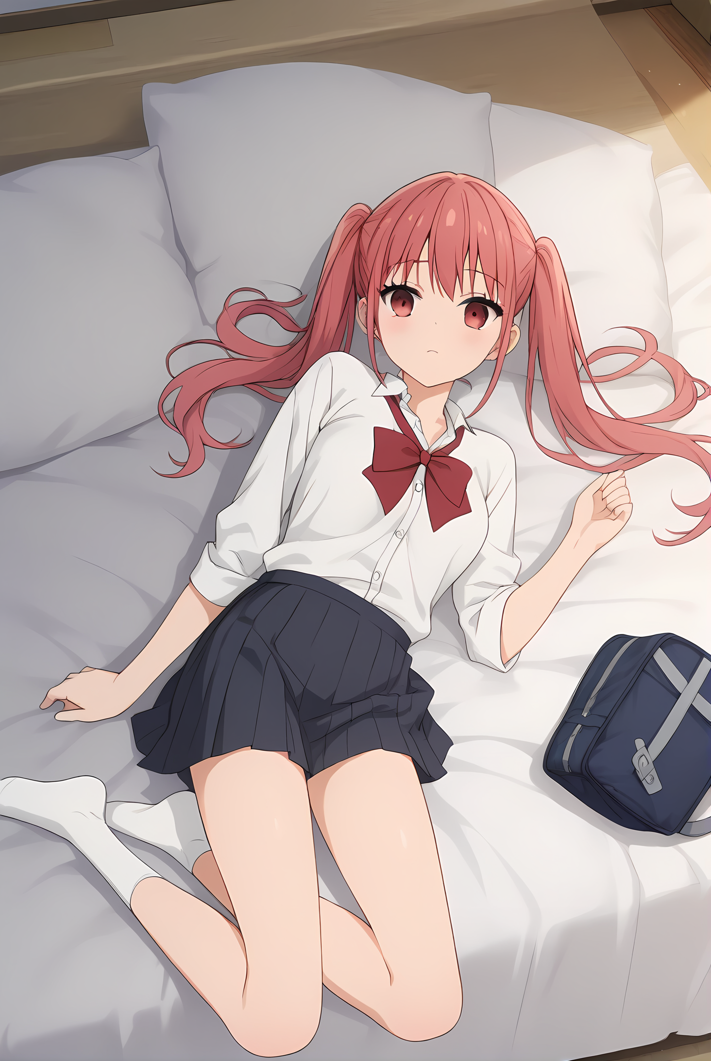 (skirt white shirt socks), hm-remi, pink hair, red eyes, twintails, medium breasts, 1girl, solo, skinny, score_9, score_8_up, score_8, score_7_up, score_7, score_6_up, score_6, score_5_up, score_5, source_anime, blush, indoors, (1.3::full body|sitting|standing|lying|straight-on|0.6::close-up| :1.20), , <lora:hm-remi-V01-000003:0.80>