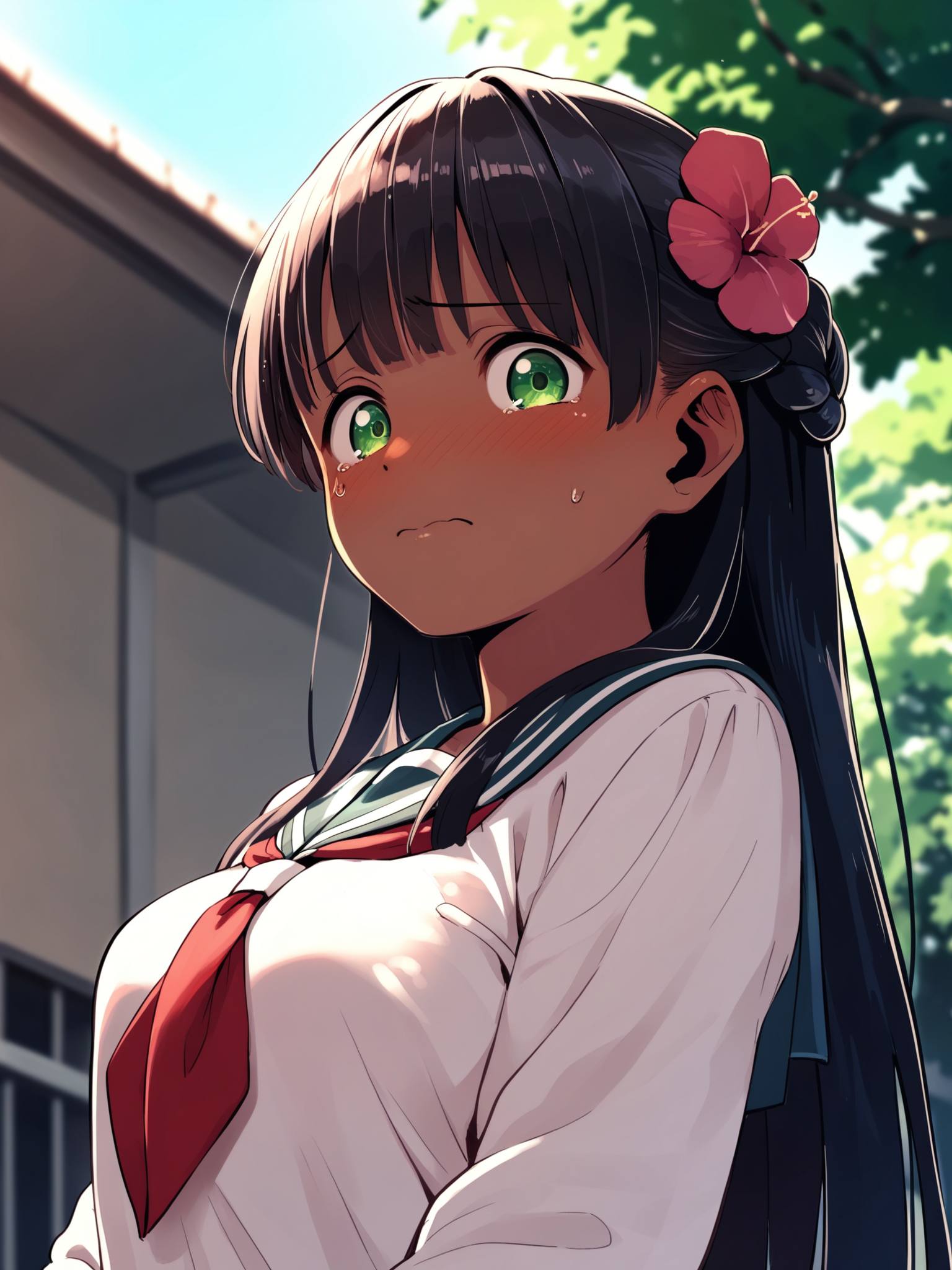 <lora:happy_tentacle-ranee-v0.4-000028:0.9>, ht_ranee, dark-skinned female, hair flower, green eyes, school uniform, outdoors , 1girl, solo, upper body , jitome , (embarrassed :1.2), , looking at viewer , , from below , score_9, score_8_up, score_7_up, score_6_up, score_5_up, score_4_up