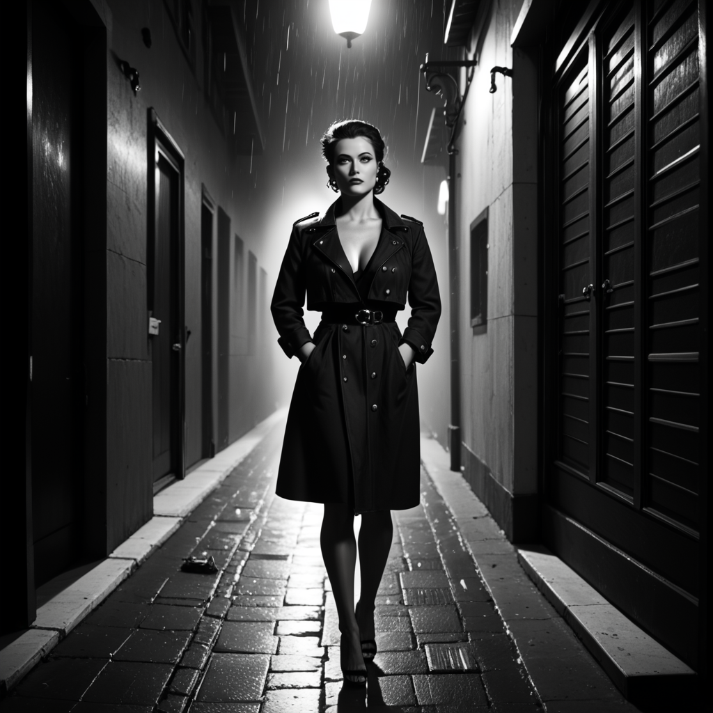 Film noir style nstylev2, Film noir style, ultra realistic, ultra defined textures, monochrome, dynamic posing, a curvy blond with freckles femme fatale speeds down a rain-slicked highway in a stolen convertible, the wind whipping through her dark curls. She wears a trench coat over a silk slip, the fabric clinging to her as she drives barefoot, a cigarette dangling from her lips. In the passenger seat, a wide-eyed man grips a briefcase full of stolen money, his pulse racing as he watches her. She laughsâa wild, untamed soundâand floors the gas. Behind them, flashing red and blue lights appear in the distance. She isnât running from trouble. She is the trouble.<lora:Noir-Style_FilmPhotography_V1_-_Pony:0.8> . Monochrome, high contrast, dramatic shadows, 1940s style, mysterious, cinematic