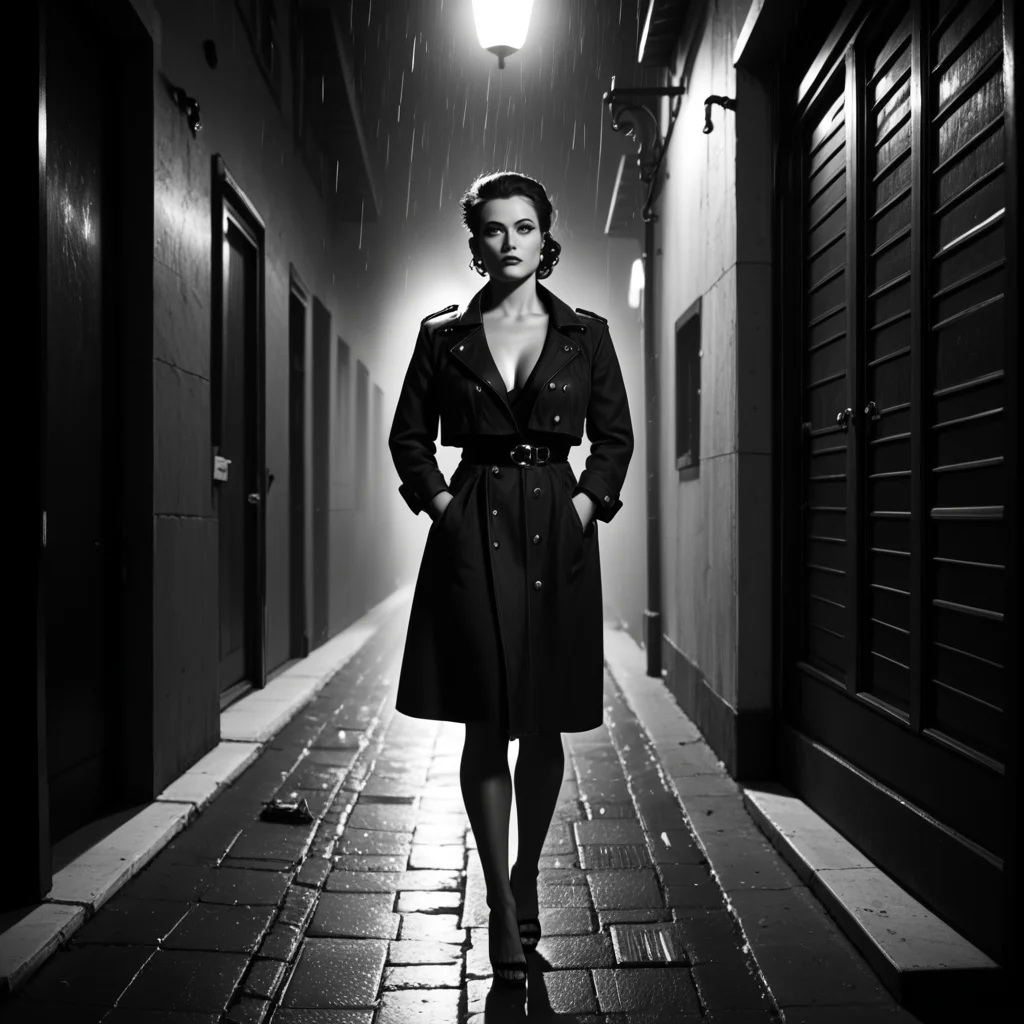 Film noir style nstylev2, Film noir style, ultra realistic, ultra defined textures, monochrome, dynamic posing, a curvy blond with freckles femme fatale speeds down a rain-slicked highway in a stolen convertible, the wind whipping through her dark curls. She wears a trench coat over a silk slip, the fabric clinging to her as she drives barefoot, a cigarette dangling from her lips. In the passenger seat, a wide-eyed man grips a briefcase full of stolen money, his pulse racing as he watches her. She laughsâa wild, untamed soundâand floors the gas. Behind them, flashing red and blue lights appear in the distance. She isnât running from trouble. She is the trouble.<lora:Noir-Style_FilmPhotography_V1_-_Pony:0.8> . Monochrome, high contrast, dramatic shadows, 1940s style, mysterious, cinematic