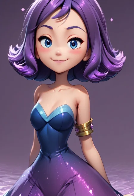 (score_9, score_8_up:1.1), score_7_up,
subsurface scattering,
purple theme background,glitter,sparkles,shiny,1girl, Live - action adaptation of a 3d character, 1girl, solo,
BREAK,
curvy,
acerola (pokemon), purple hair, purple hair, topknot, flipped hair, collarbone, purple dress, stitches, multicolored dress, armlet,
BREAK,
charming face, smile, closed mouth, blushing, looking at viewer,
