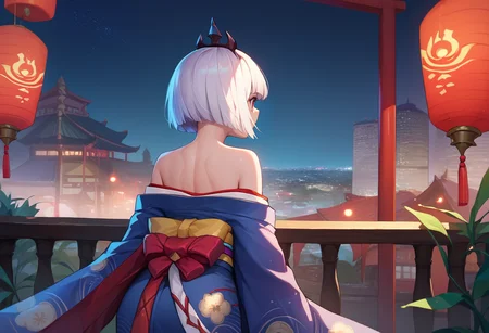 score_9, score_8_up, score_7_up, 1girl, Orphea, tiara, white hair, short hair, red eyes, cityscape, kimono, off shoulder, night, from behind, <lora:Orphea DORER:1>