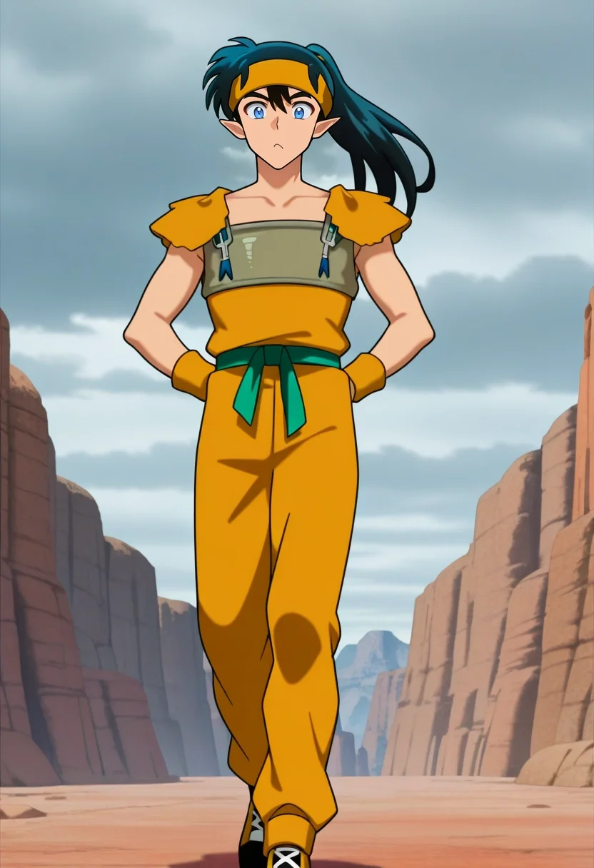 masterpiece, best quality, , anime screencap, anime coloring, , looking at viewer, 1boy, solo, male focus, <lora:kouga_inuyasha_ilxl:1>, kouga_inuyasha, black hair, blue eyes, long hair, ponytail, pointy ears, headband, , Petra, Jordan, sandstone canyon, ancient stone city, walking pose, curious expression, overcast light,