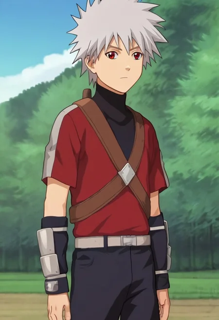 youngkakashi, solo, solo focus, 1boy, lean body, wear red shirt, unbuttoned shirt, wear black shorts, outdoor, sunny day, clear sky