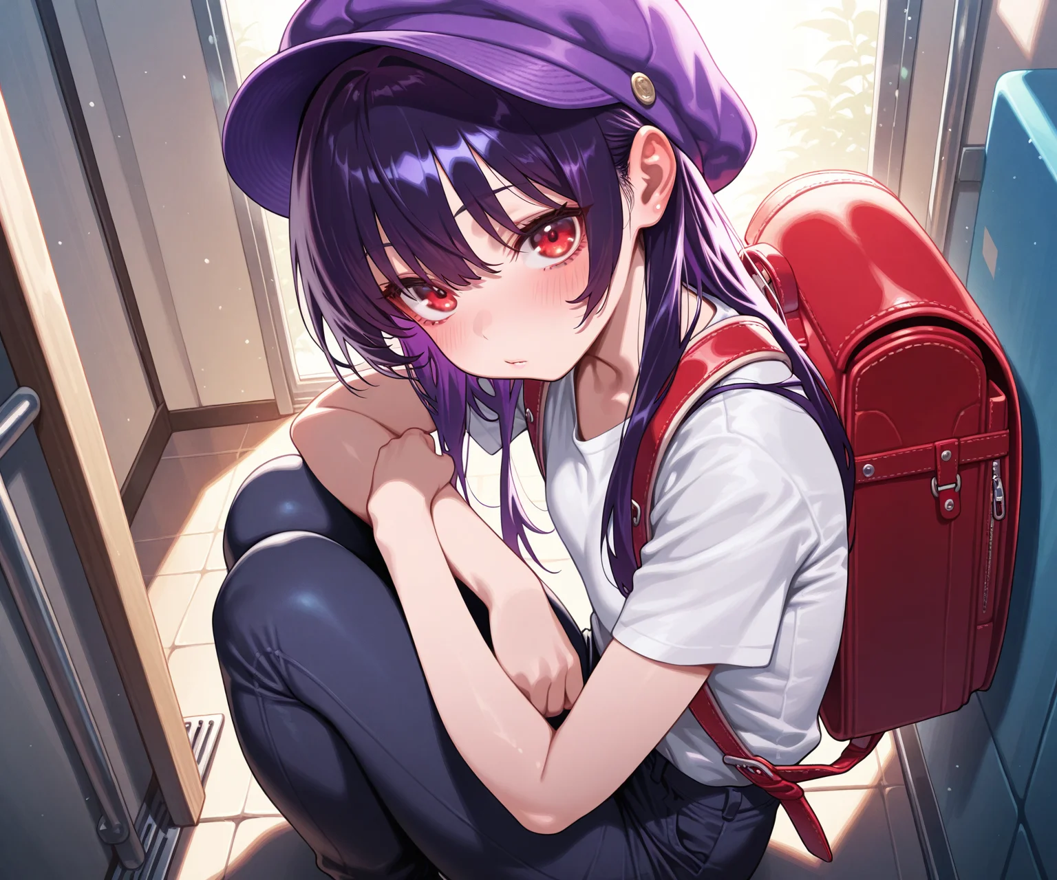 masterpiece, best quality, amazing quality, uncensored, 1girl, solo, purple hat, long hair, dark purple hair, red eyes, shirt, pants, backpack, looking at viewer, <lora:Kakuchou no Okina style ILL-v2:1> kakuchounookina