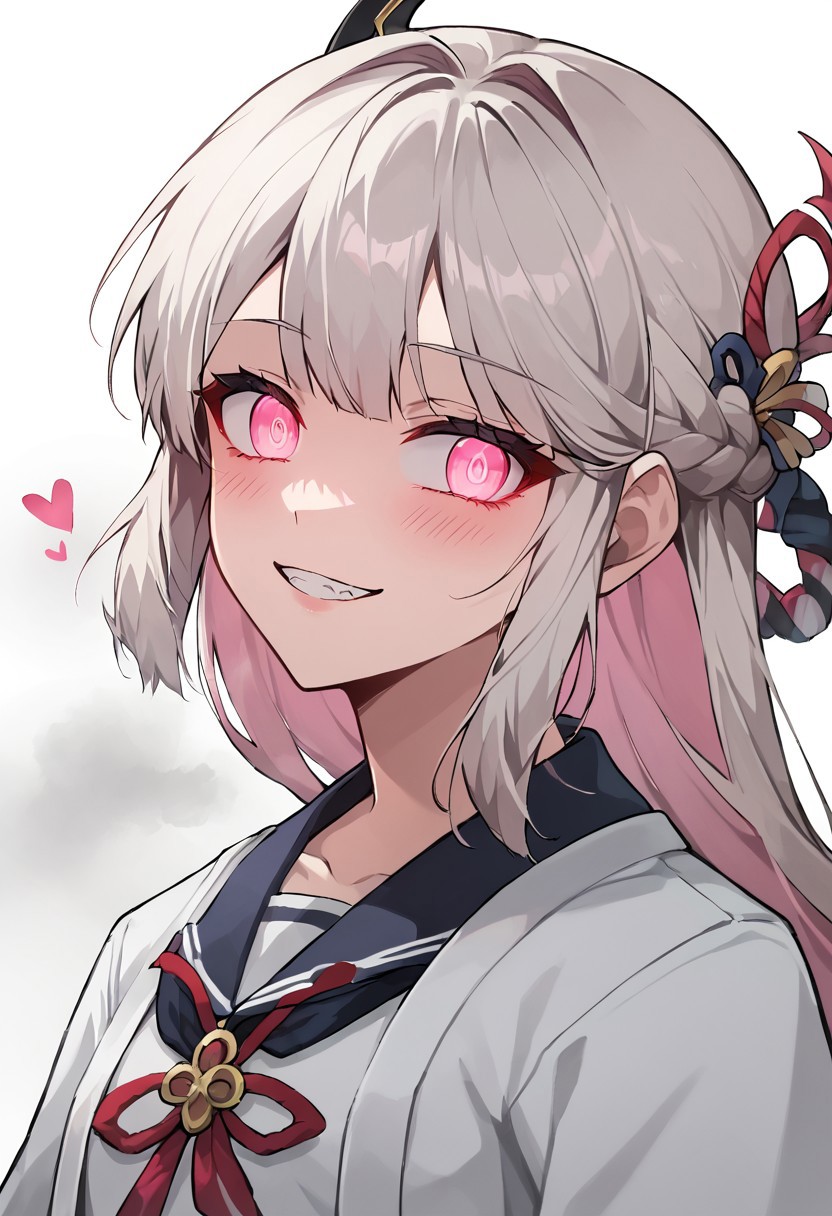 score_9, score_8_up, score_7_up, source_anime, rating_safe , 1girl, solo,long hair, white hair, pink hair, multicolored hair, braid, pink eyes,  japanese clothes, school uniform,glowing eyes,blush, evil smile, evil looking, 4k, detailed, from below, teeth, glowing eyes, yandere, upper body ,white background, half closed eyes, seductive look, naughy face, hearts, steam, vapor, katana on back, sword on back, cute, young, ((blush)), wide open eyes