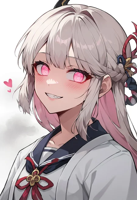 score_9, score_8_up, score_7_up, source_anime, rating_safe , 1girl, solo,long hair, white hair, pink hair, multicolored hair, braid, pink eyes, japanese clothes, school uniform,glowing eyes,blush, evil smile, evil looking, 4k, detailed, from below, teeth, glowing eyes, yandere, upper body ,white background, half closed eyes, seductive look, naughy face, hearts, steam, vapor, katana on back, sword on back, cute, young, ((blush)), wide open eyes