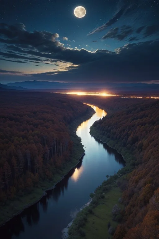 Trees,River,Mountains,forests,full moon, clouds, beautiful sky, night, epic landscape, desolate atmosphere, from above, photorealistic, masterpiece, 64k, UHD, ultra detailed, vivid colors, high quality, sharp focus