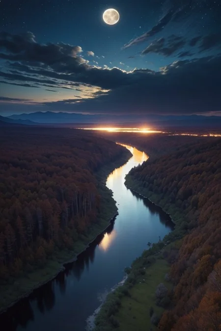 Trees,River,Mountains,forests,full moon, clouds, beautiful sky, night, epic landscape, desolate atmosphere, from above, photorealistic, masterpiece, 64k, UHD, ultra detailed, vivid colors, high quality, sharp focus