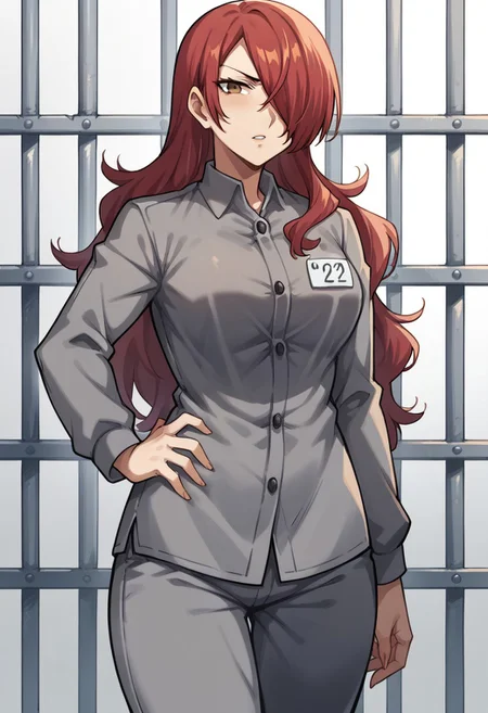 score_9, score_8_up, score_7_up, score_6_up, 1girl, solo, source_anime, BREAK 1girl, p3mitsuru, red hair, long hair, hair over one eye, Prison clothes, gray uniform, pants, name tag, curvy, looking at viewer, cowboy shot, older woman, hand on hip