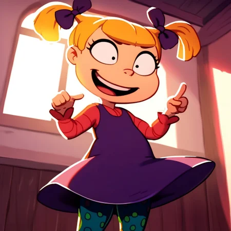 score_9, score_8_up, score_8_up, screenshot, break, solo, 1girl. blonde hair, twintails, dress, polka dot leggings, hair bow, natural lighting, sunlight, shadows,
 open mouth, short stack, 
indoors, kindergarden, smile, distracted, cowboy shot, bellow angle, standing, looking to the side, talking to another, thicc pants, pointing