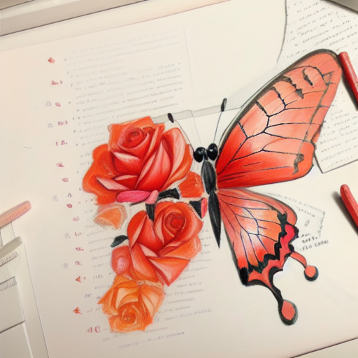 butterflyRose, rose, drawing, orange, thin red, paper background,