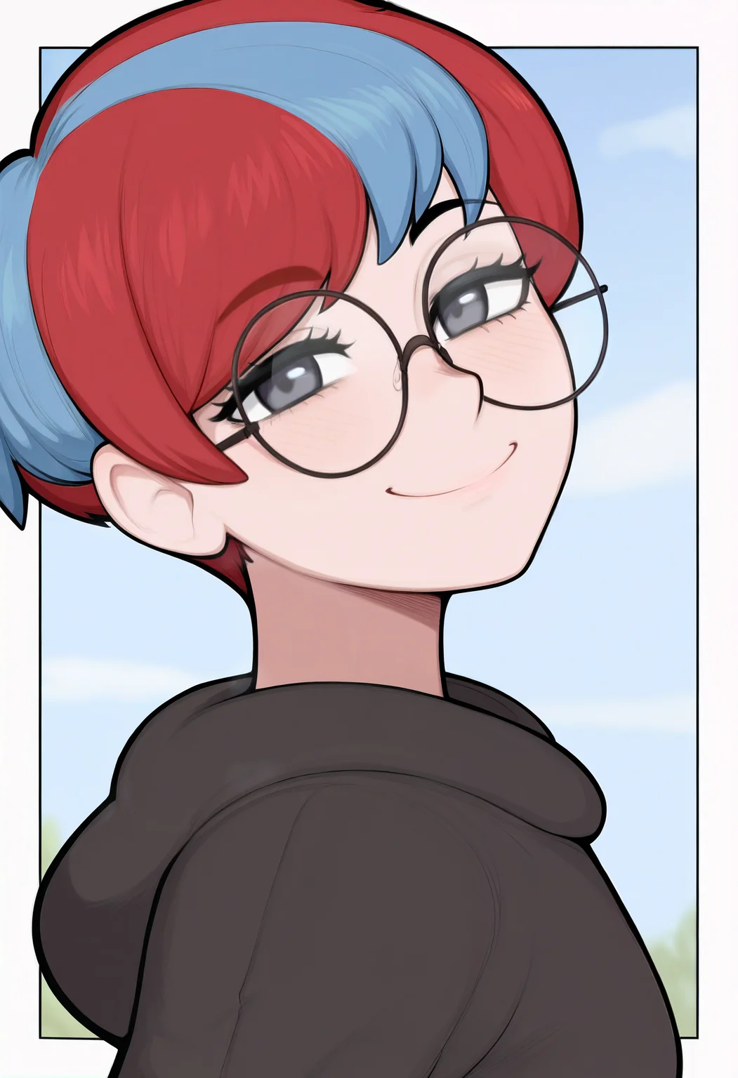 1girl, solo, penny \(pokemon\), portrait, upper body, black hoodie, blue sky, border, looking at viewer, smile, round eyewear, simple background, depth of field, short hair, multicolored hair,
masterpiece, best quality, <lora:afrobull-guy90-Illust-Lycorisv1:1>, afbul