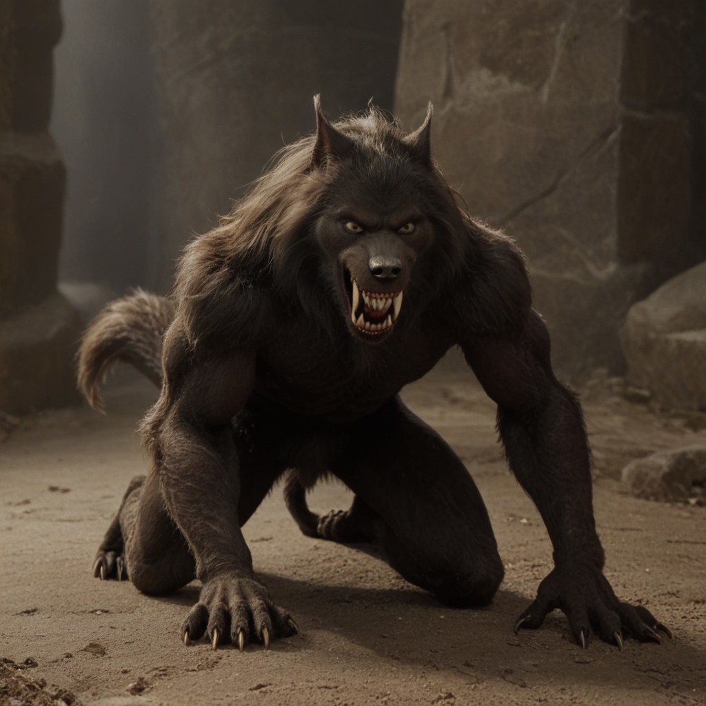 score 9, score 8, score 7, score 6, 1boy, furry male, solo, black fur, animal ears, yellow eyes, sharp teeth, claws, werewolf on down on all paws with tail in the air, wagging tail, trying to look friendly