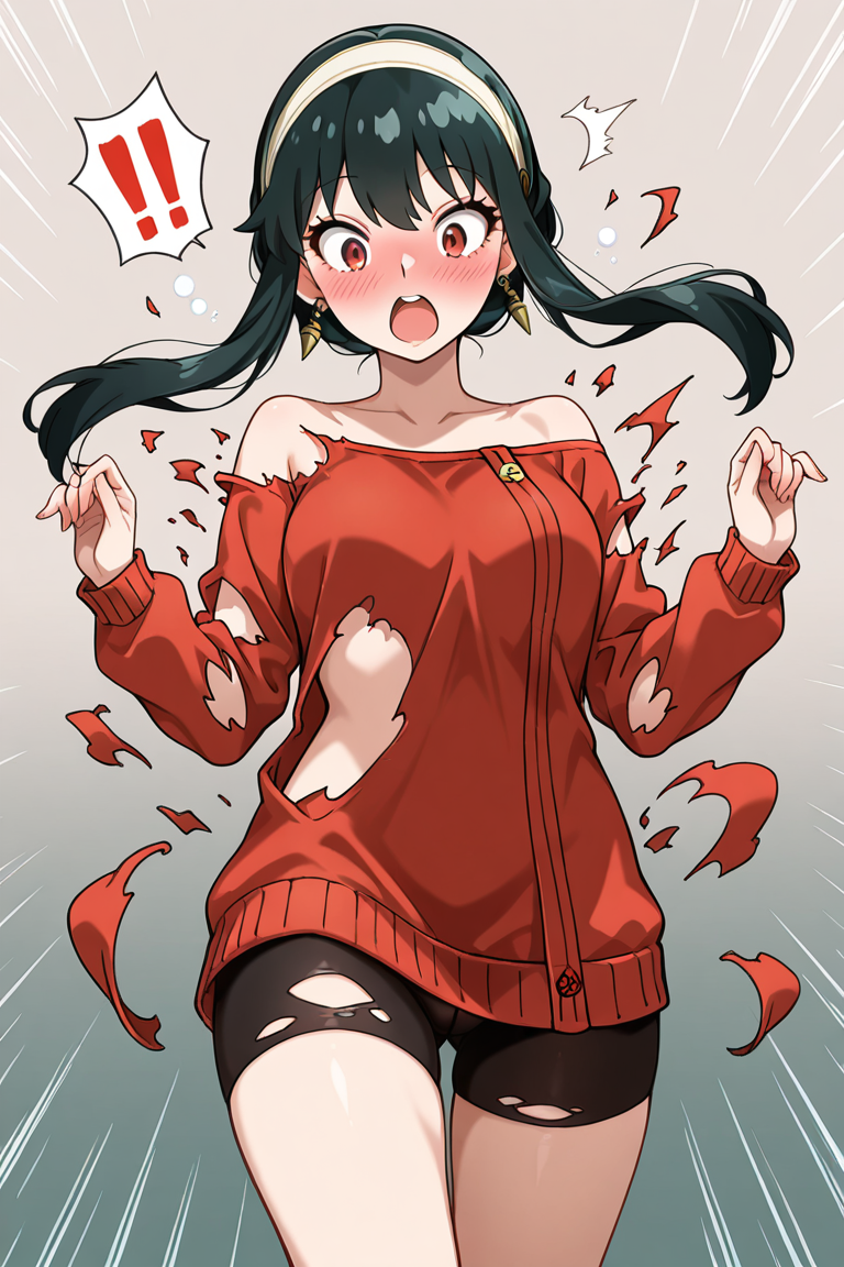exploding clothes, torn clothes, surprised, !!, hands up,
BREAK, 1girl, yor briar, spy x family, red sweater, torn sweater, bike shorts, torn shorts, off shoulder, drunk, blush, surprised, looking down, covering, looking at viewer, cowboy shot, motion lines, emphasis lines,  gradient background, grey background
<lora:explodingclothes_il:1>, masterpiece, best quality