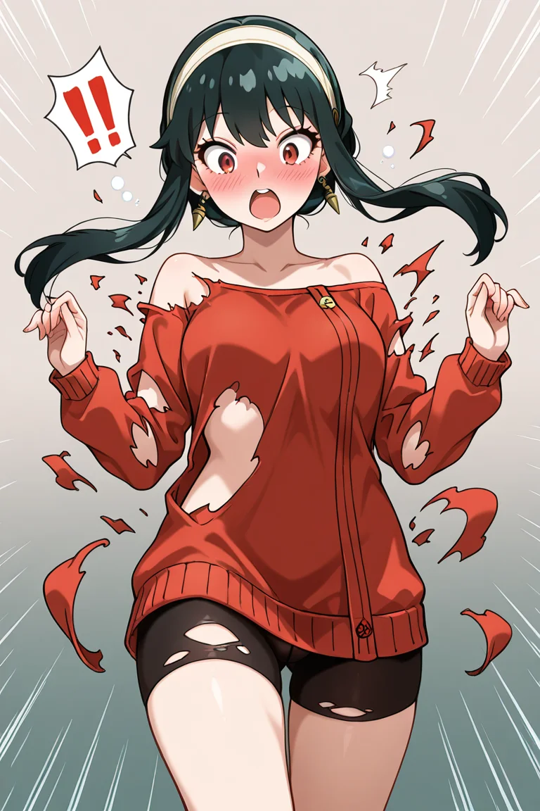 exploding clothes, torn clothes, surprised, !!, hands up,
BREAK, 1girl, yor briar, spy x family, red sweater, torn sweater, bike shorts, torn shorts, off shoulder, drunk, blush, surprised, looking down, covering, looking at viewer, cowboy shot, motion lines, emphasis lines, gradient background, grey background
<lora:explodingclothes_il:1>, masterpiece, best quality