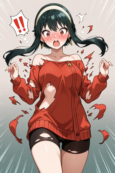 exploding clothes, torn clothes, surprised, !!, hands up,
BREAK, 1girl, yor briar, spy x family, red sweater, torn sweater, bike shorts, torn shorts, off shoulder, drunk, blush, surprised, looking down, covering, looking at viewer, cowboy shot, motion lines, emphasis lines,  gradient background, grey background
<lora:explodingclothes_il:1>, masterpiece, best quality