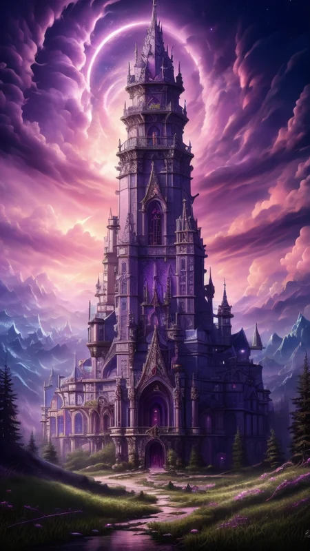 Gothic style,
neonpunk style,
ethereal fantasy concept art of
Masterwork Painting, Magnum Opus,
<lora:Wizard_Tower:0.75> witow, castle, cloud, cloudy sky, grass, no humans, scenery, sky, tower, tree, <lora:Fantasy_Mountains:0.75> fanmou, footprints, forest, grass, nature, no humans, outdoors, sky, tree,
highres, 8k, uhd, High Dynamic Range, tonemapping, crisp details, intricate details, fine details,
. magnificent, celestial, ethereal, painterly, epic, majestic, magical, fantasy art, cover art, dreamy,
. cyberpunk, vaporwave, neon, vibes, vibrant, stunningly beautiful, crisp, detailed, sleek, ultramodern, magenta highlights, dark purple shadows, high contrast, cinematic, ultra detailed, intricate, professional,
. Dark, mysterious, haunting, dramatic, ornate, detailed