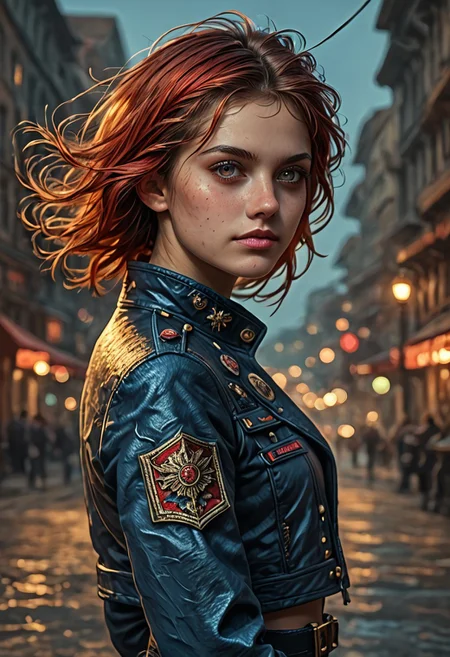 1girl, side view, she is Nausica of the Valley of the Wind, solo, masterpiece, absurdres, best quality, (colorful), cinematic lighting, realistic, dynamic pose, extremely detailed, head turned to look at viewer, red hair, beautiful detailed face,(intricate detailed blue short military jacket with gold inlaid, cleavage,extremely short miniskirt, military black boots), stands alone on the middle of a street with lampposts and burning fires in the background, solo, masterpiece, absurdres, dynamic pose, the Sun shines over her, sun rays in her hair,subsurface scattering, remarkable color, ultra realistic, textured skin, remarkable detailed pupils, realistic dull skin noise, visible skin detail, skin fuzz, dry skin, bokeh, sharp focus on subject. no headgear,extremely detailed, looking at viewer, beautiful detailed face, subsurface scattering, remarkable color, ultra realistic, textured skin, realistic dull skin noise, visible skin detail, skin fuzz, dry skin, bokeh, sharp focus on subject.