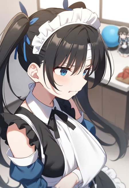 1girl,sincos, ningen mame, toosaka asagi,solo,large breasts, maid, maid headdress, detached sleeves, 20yo,
arm sling,<lora:armsling_XL_v1:0.8>bandaged head ,
from side, fisheye lens, looking up, black hair, black eyes,disgust, nunnery, closed mouth, twintails hair,,
best quality, very aesthetic, absurdres