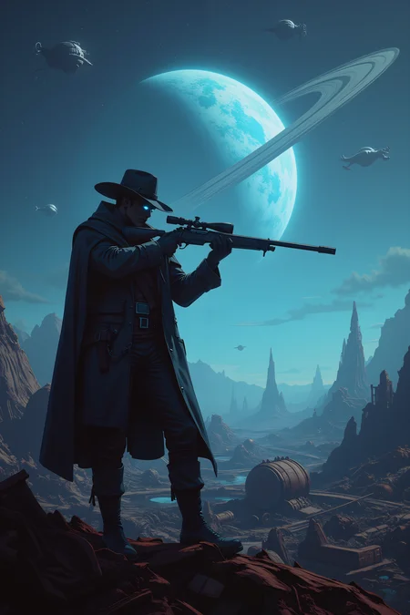 At the heart of a massive scrapyard floating in the depths of space, a space cowboy stands atop a pile of twisted metal, his figure silhouetted against the glowing rings of a nearby planet. His coat, patched and worn, billows behind him as he surveys the rusted starships and broken droids that litter the landscape, their once-great forms now reduced to debris. His wide-brimmed hat casts a shadow over his face, but his sharp, icy-blue eyes gleam with the light of the distant stars. In his hand, he grips a long-range rifle, its barrel glowing faintly as he calibrates the scope, scanning the horizon for any sign of movement. Above, a network of abandoned space stations drifts silently through the void, their lights long extinguished, but the faint hum of forgotten technology still lingers in the air. The cowboyâs ship, a small but fast freighter, hovers quietly nearby, its engines idling as it waits for its captain to make his next move. The silence of the scrapyard is punctuated only by the distant echo of clanging metal and the soft whir of ancient machinery struggling to stay alive. The cowboyâs expression is hard, unyielding, as he prepares for whatever dangers lie hidden among the wreckage. This is a place where only the toughest survive, and heâs been here long enough to know the rules.<lora:aesthetical-000003:0.15><lora:aidmaNSFWunlock-FLUX-PonyStyle-v0.1:0.15><lora:Flux-jijia:0.1><lora:GLSHS:0.6>