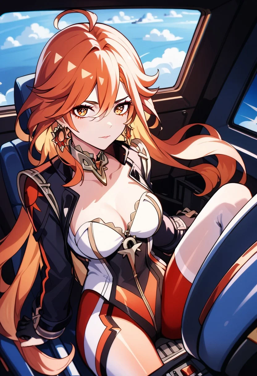 score_9_up, score_8_up, score_7_up, extreamly detailed, beautiful detailed face, complex detailed background, 1girl, BREAK, tights, MAVUIKA (GENSHIN IMPACT), airplane cockpit, high speed flight