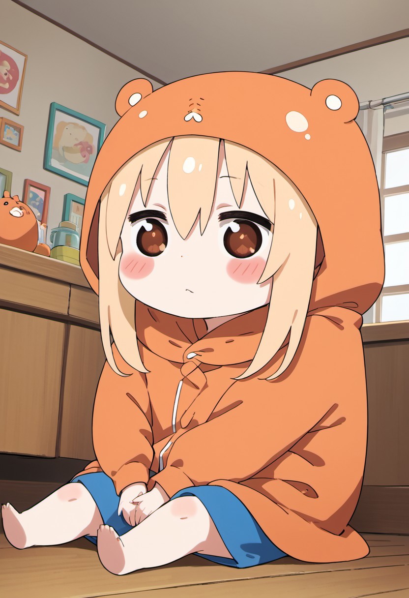 score_9, score_8_up, score_7_up, source_anime, umaru doma, 1girl, solo, long hair, blush, blonde hair, brown eyes, sitting, orange hood, chibi, indoors
