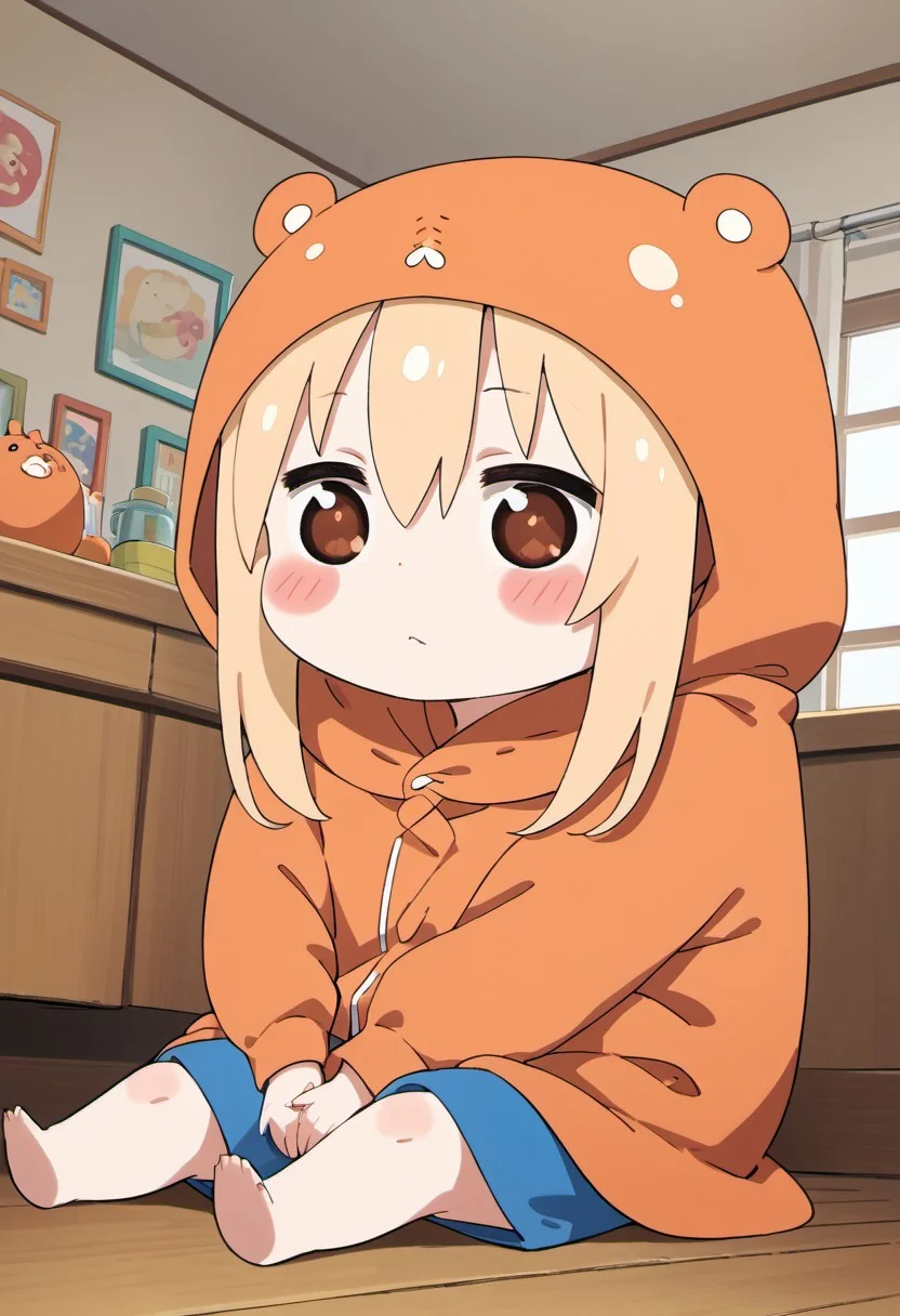 score_9, score_8_up, score_7_up, source_anime, umaru doma, 1girl, solo, long hair, blush, blonde hair, brown eyes, sitting, orange hood, chibi, indoors