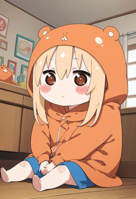 score_9, score_8_up, score_7_up, source_anime, umaru doma, 1girl, solo, long hair, blush, blonde hair, brown eyes, sitting, orange hood, chibi, indoors