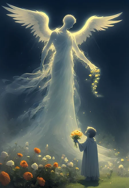 On a sunny day, in a graveyard, a young boy is offering flowers to a translucent ghost with wings