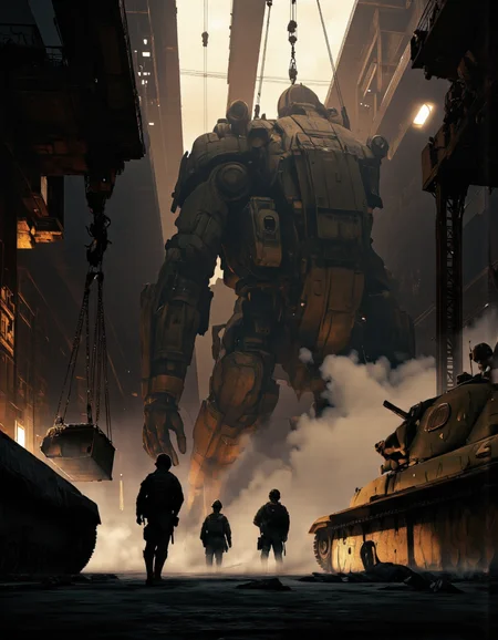 Art by Ronan Le Fur. A digital illustration shoot from the front about a large, imposing mechanical giant being lifted by cranes in a dimly lit industrial setting, with three soldiers standing in front of it. the scene is set in a dark, smoky environment with industrial machinery and a tank visible on the right side of the image. the giant, which appears to be a large robot with a massive, metallic body, is in the center of the frame, suspended by two large cranes with hanging chains. the crane on the left is lifting a large piece of equipment onto the ground, while the soldiers are standing in a line, facing away from the camera, looking up at the giant. the soldiers appear to be of different ages and genders, with one being a soldier and the other a soldier. they are all wearing helmets and are standing close together, with the soldier in the foreground and the soldiers in the background. the lighting is dim, with a smoky, industrial atmosphere, and the overall mood is dramatic and dramatic.