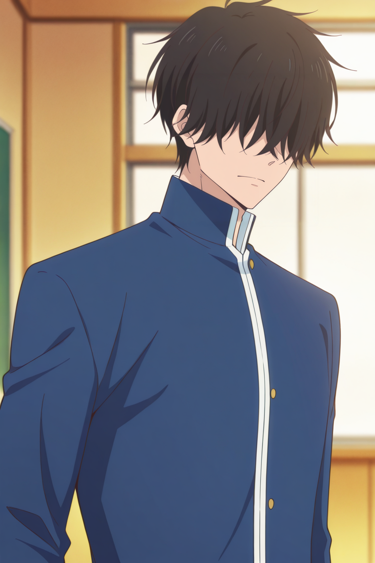 masterpiece, best quality, amazing quality,high resolution, intricate details,official style,depth of field,anime screencap, , , 1boy, solo, male focus, <lora:Nezu_Chuukichi:0.93>,nezu chuukichi,black hair,short hair,hair over eyes,blue jacket, school uniform,upper body,high collar, indoors,gakuran,looking at viewer,school
