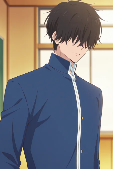 masterpiece, best quality, amazing quality,high resolution, intricate details,official style,depth of field,anime screencap, , , 1boy, solo, male focus, <lora:Nezu_Chuukichi:0.93>,nezu chuukichi,black hair,short hair,hair over eyes,blue jacket, school uniform,upper body,high collar, indoors,gakuran,looking at viewer,school