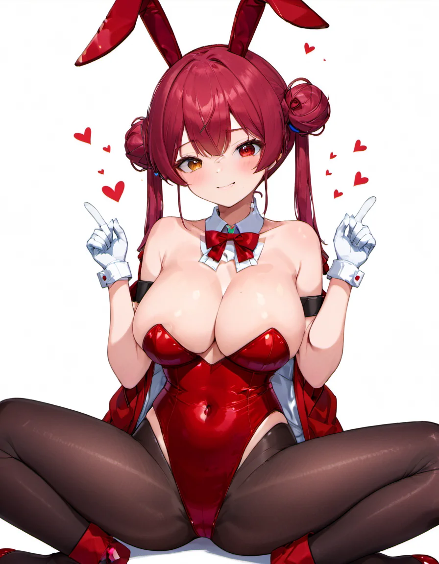 <lora:Houshou_Marine:.8> houshou marine, hair bun, pantyhose, rabbit ears, playboy bunny, gloves, long hair, heterochromia, red bowtie, twintails, leotard, white gloves, red bow, double bun, looking at viewer, rabbit tail, blush, wrist cuffs, covered navel, white background, love hotel, detached collar, closed mouth, red leotard, smile, black pantyhose, bare shoulders, sitting, cleavage, large breasts, strapless