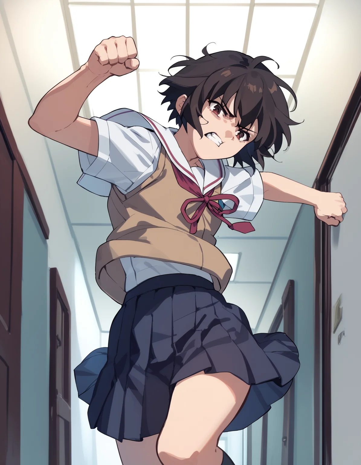 score_9, score_8_up, score_7_up, score_6_up, score_5_up, score_4_up
<lora:noir-2x-ponyxl-000016:1>
1girl, yuumura kirika, serafuku, white shirt, brown vest, short sleeves, pleated skirt,
kicking, hallway, angry